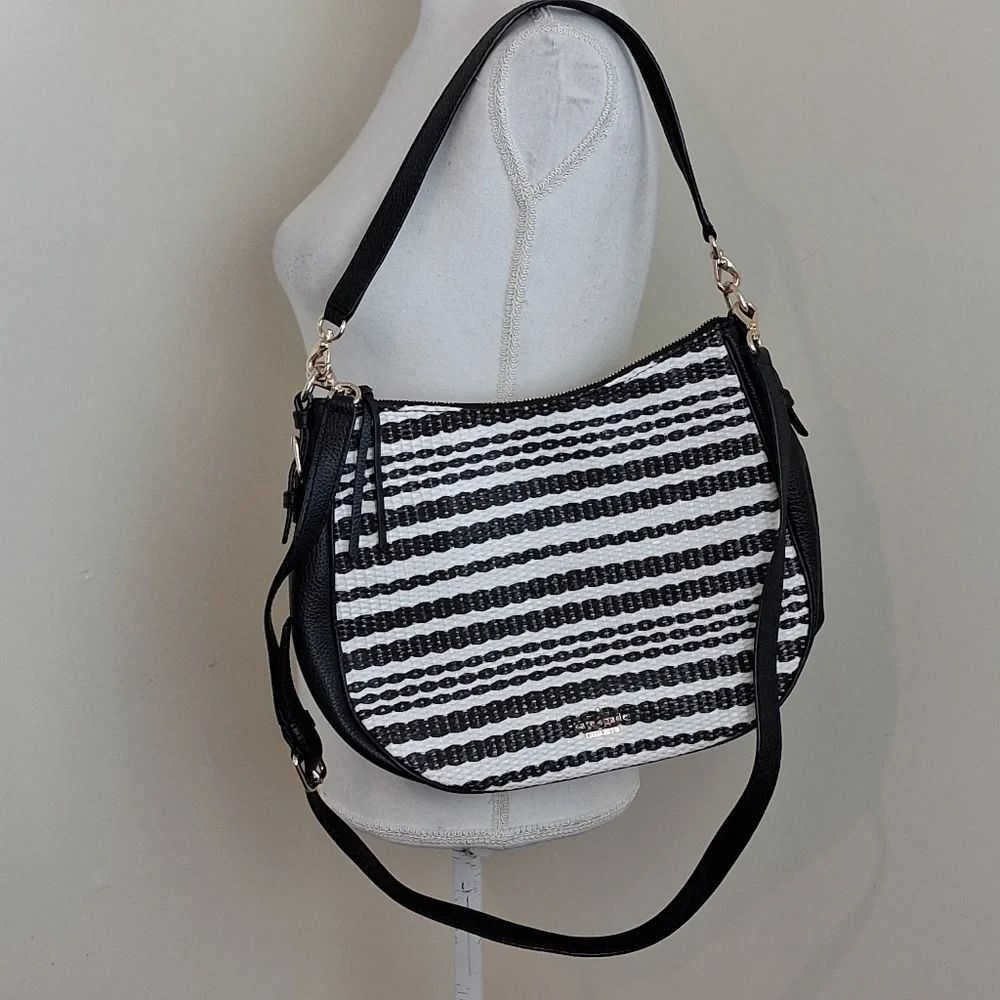 Kate Spade Large Cobble Hill Black Mylie Straw Raffia Hobo Bag NWOT